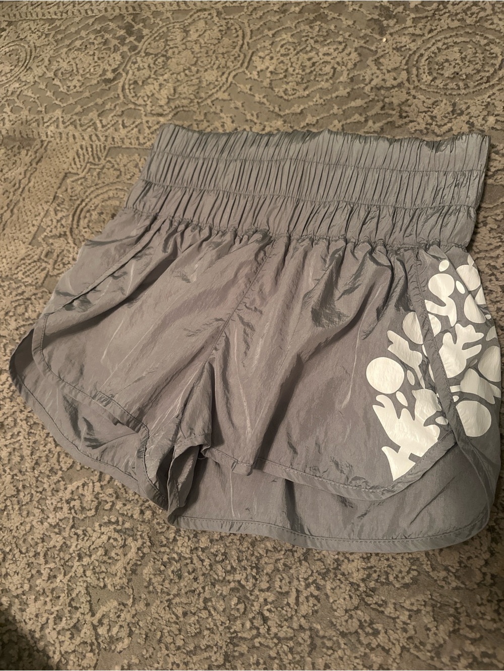 Free People Movement Take Me Home Shiny Gray Shorts, HUGE LOGO-size Small